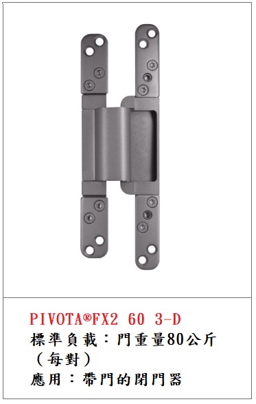 PIVOTA ® FX2 60 3-D 80kg 企口門暗鉸鍊